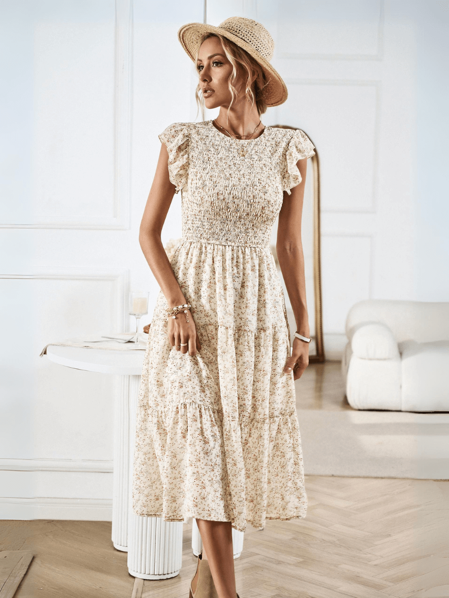 Always Falling Tiered Midi Dress - Beige