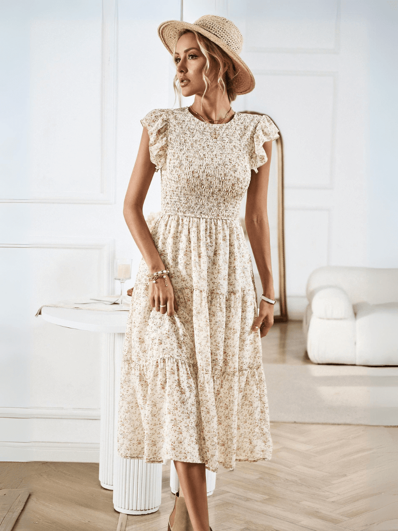 Always Falling Tiered Midi Dress - Beige