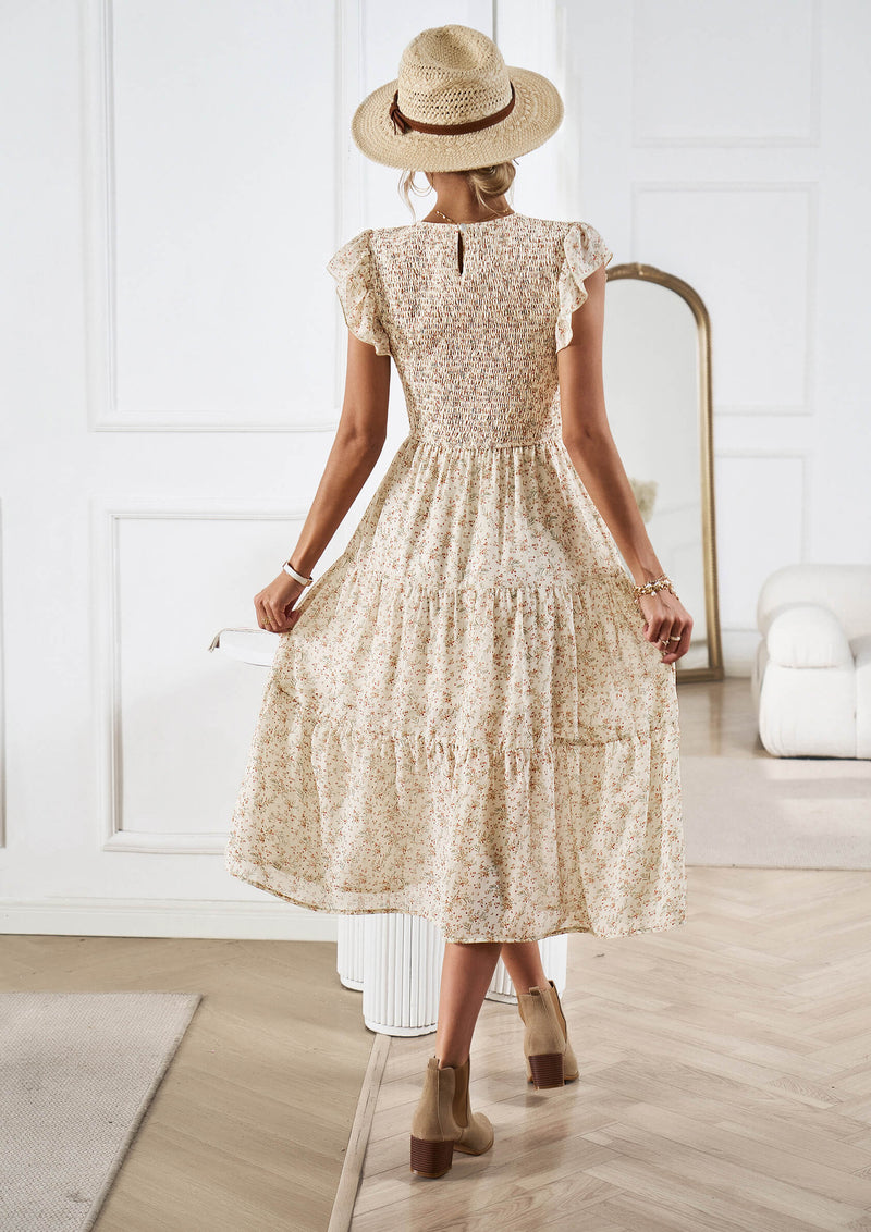 Always Falling Tiered Midi Dress - Beige