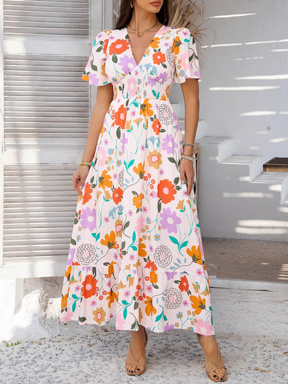 Tropical Drift Abstract Maxi Dress - Beige