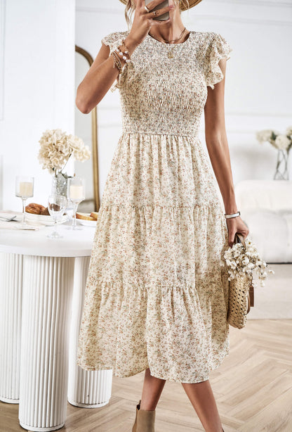 Always Falling Tiered Midi Dress - Beige