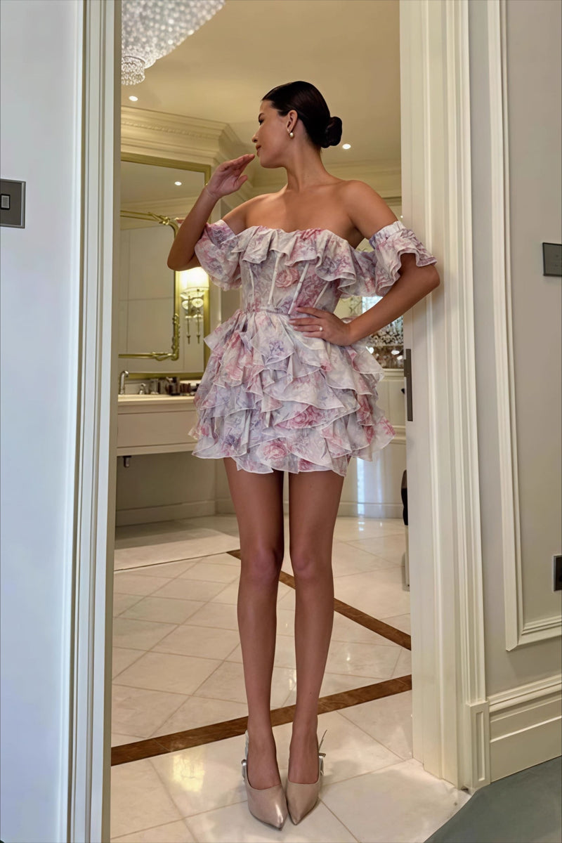 Romantic Organza Print Strapless Mini Dress