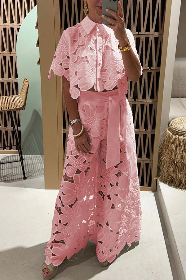Redefining Elegance Lace Cropped Shirt and Belt Pocketed Wide Leg Pants Set