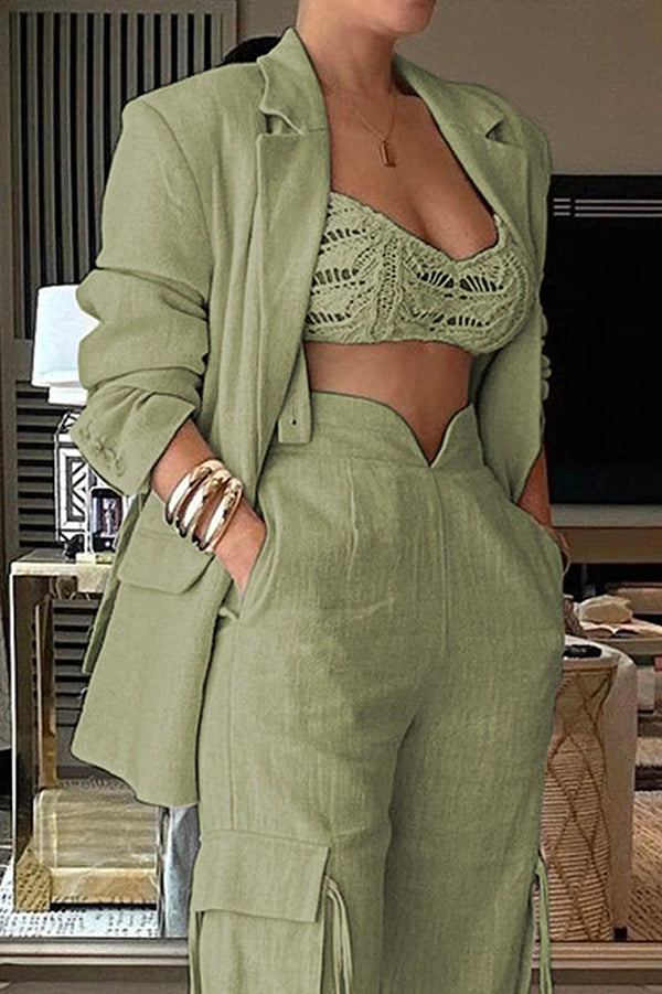 Stylish Lapel Long Sleeve Loose Jacket and Pocket Lace-up Straight Leg Pants Set