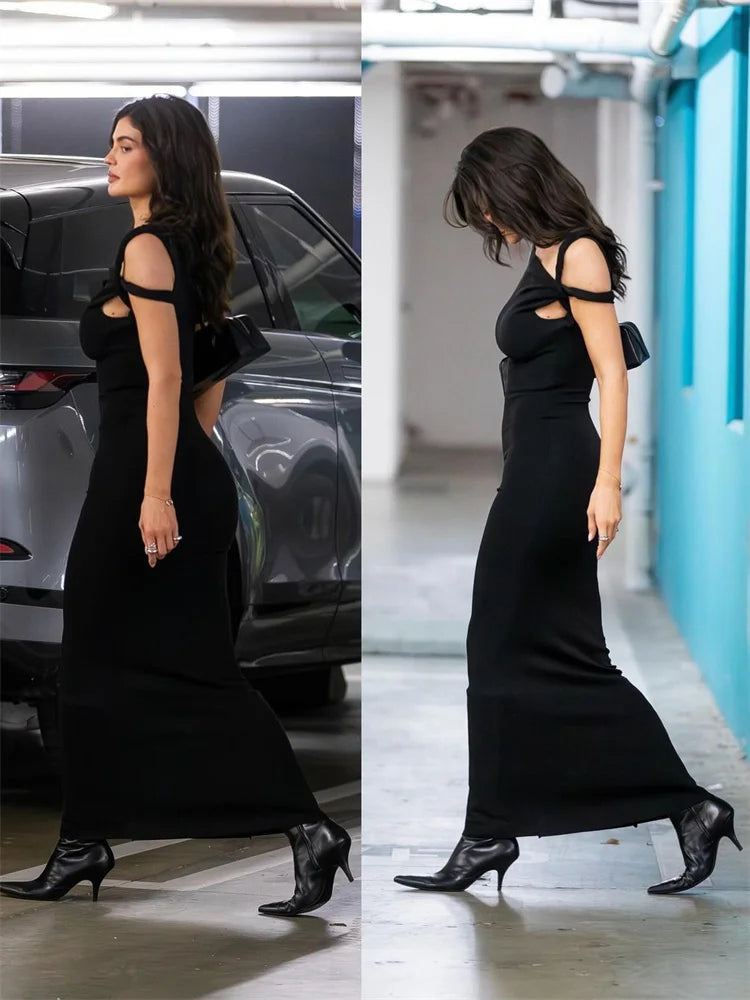 Black Long Dress Female Slim High Waist Off-shoulder Evening Partywear Dress One-shoulder Maxi Dress