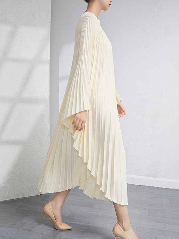 Urban Flared Batwing Sleeves Pleated Color Round-neck Midi Dresses