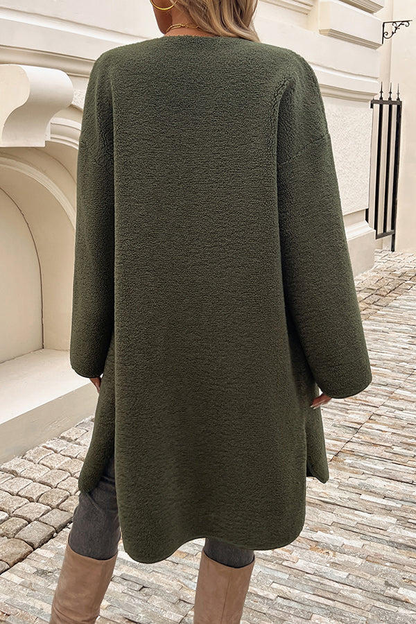 Color Cardigan Buttoned Pocket Mid-length Coat
