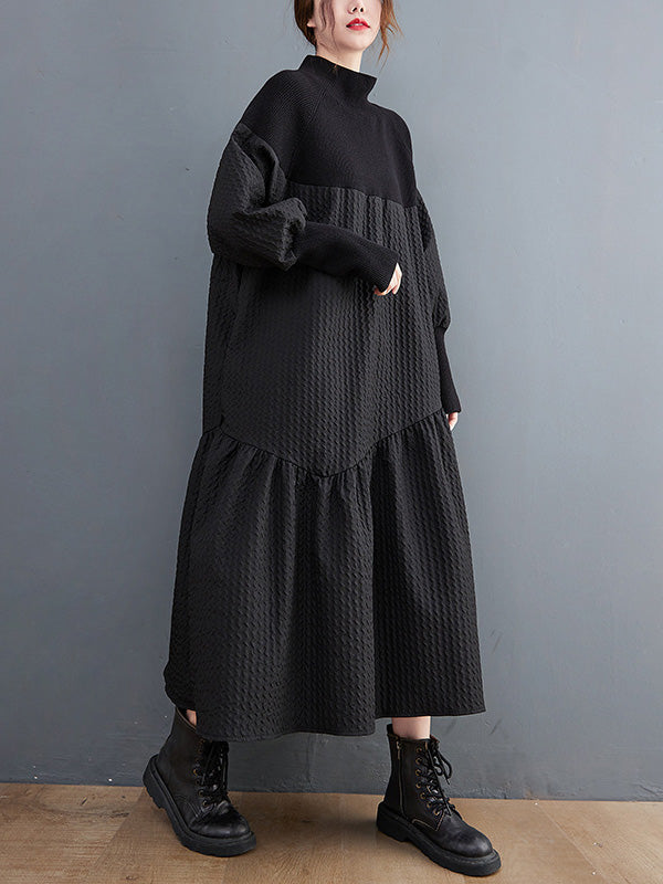 Long Sleeves Loose Split-joint Jacquard High-neck Sweater Dresses