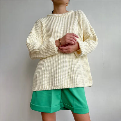 Autumn Waffle Knit Oversized Green Sweater Long Sleeve Loose Thickening Pullovers Female Knitted Tops