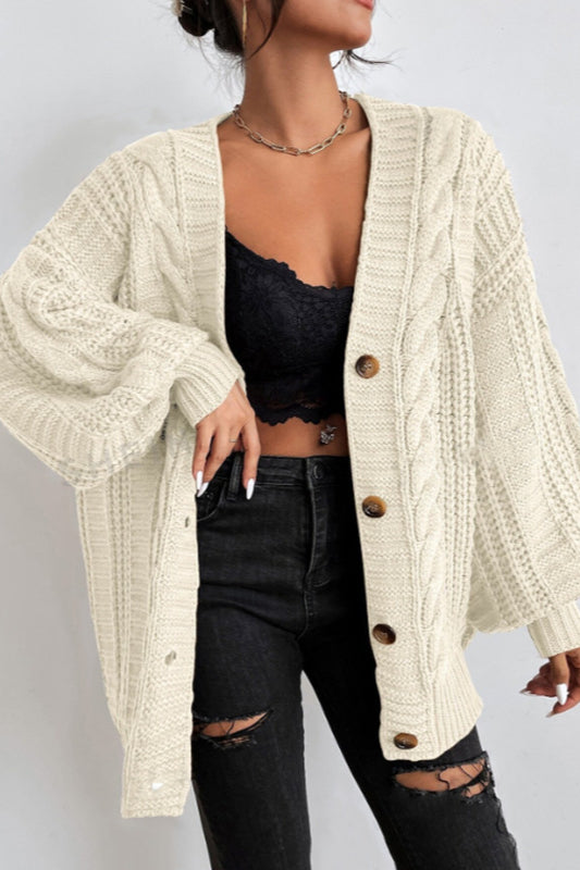 V-neck Cable Knit Balloon Sleeve Cardigan