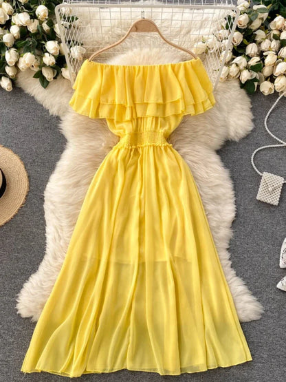 Chiffon Beach Dress Double Layer Ruffled Off the Shoulder Dresses Sweet Slash Neck Long Dress
