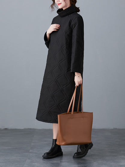 A-line Long Sleeves Color High-neck Midi Dresses