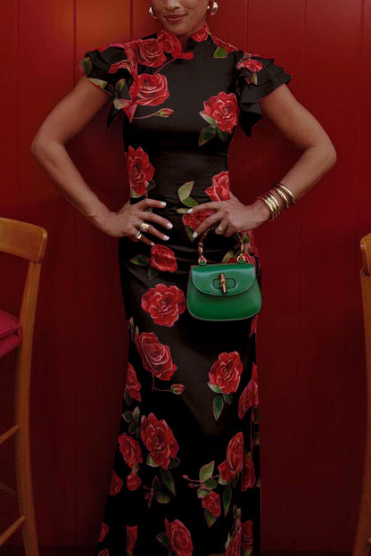 Party Cheongsam Style Rose Print Layered Flared Sleeve Elastic Long Skirt