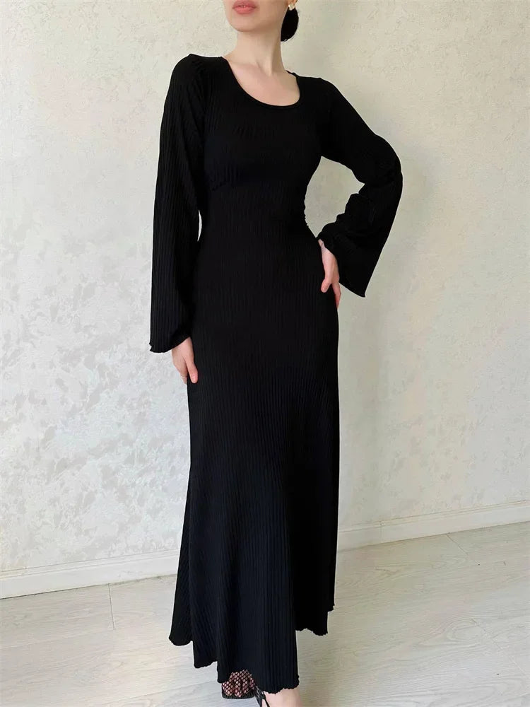 Black Ribbed Maxi Dress for Loose Slim High Waist Long Sleeve Party Dress Female Autumn Dress