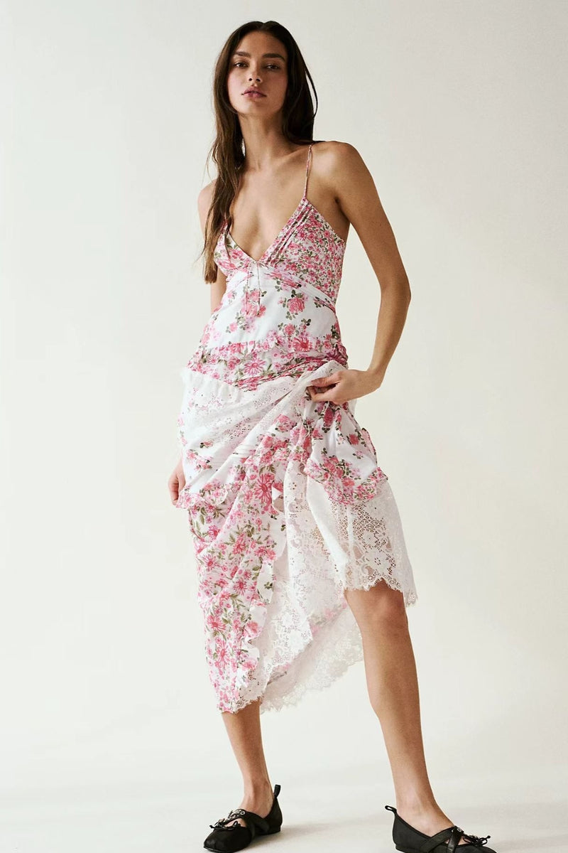 Deep V Ruffle Lace Patchwork Cami Maxi Dress