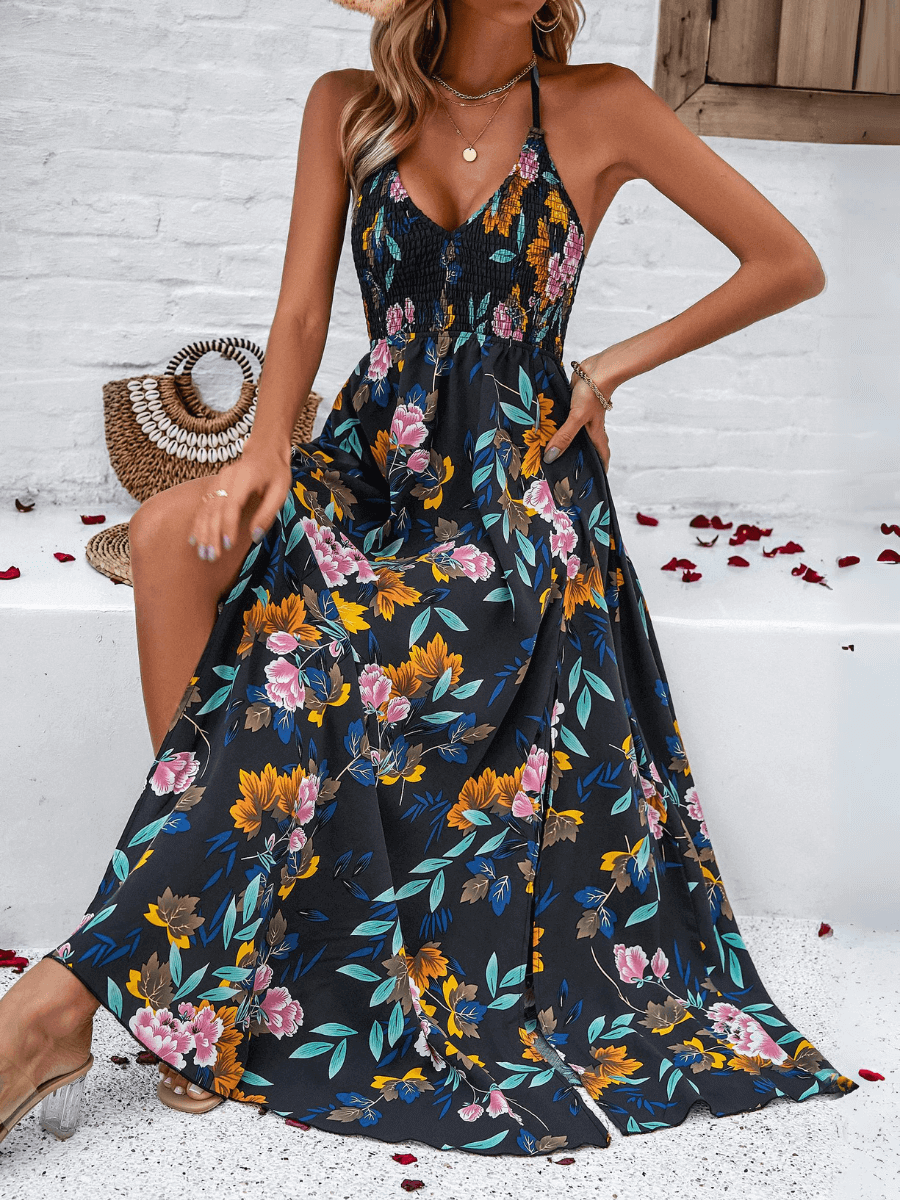 Hawaii Print Tie Back Halter Maxi Dress - Black