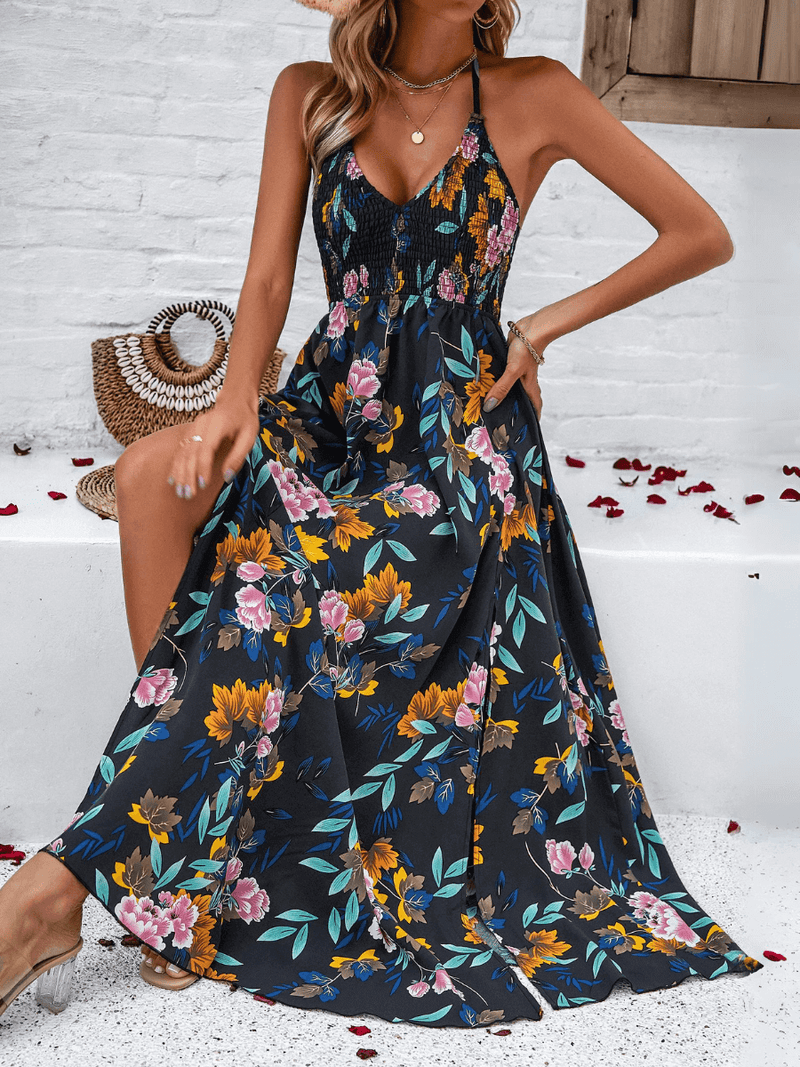 Hawaii Print Tie Back Halter Maxi Dress - Black