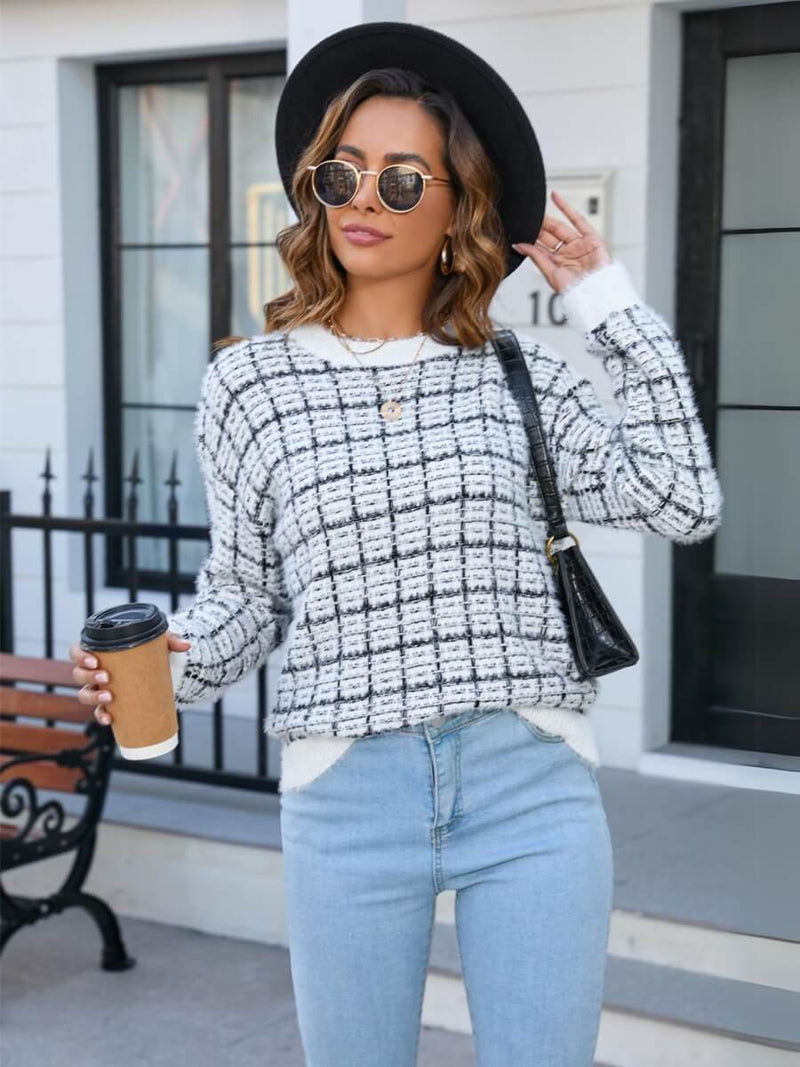 Taylor Plaid Fuzzy Knit Sweater - Black