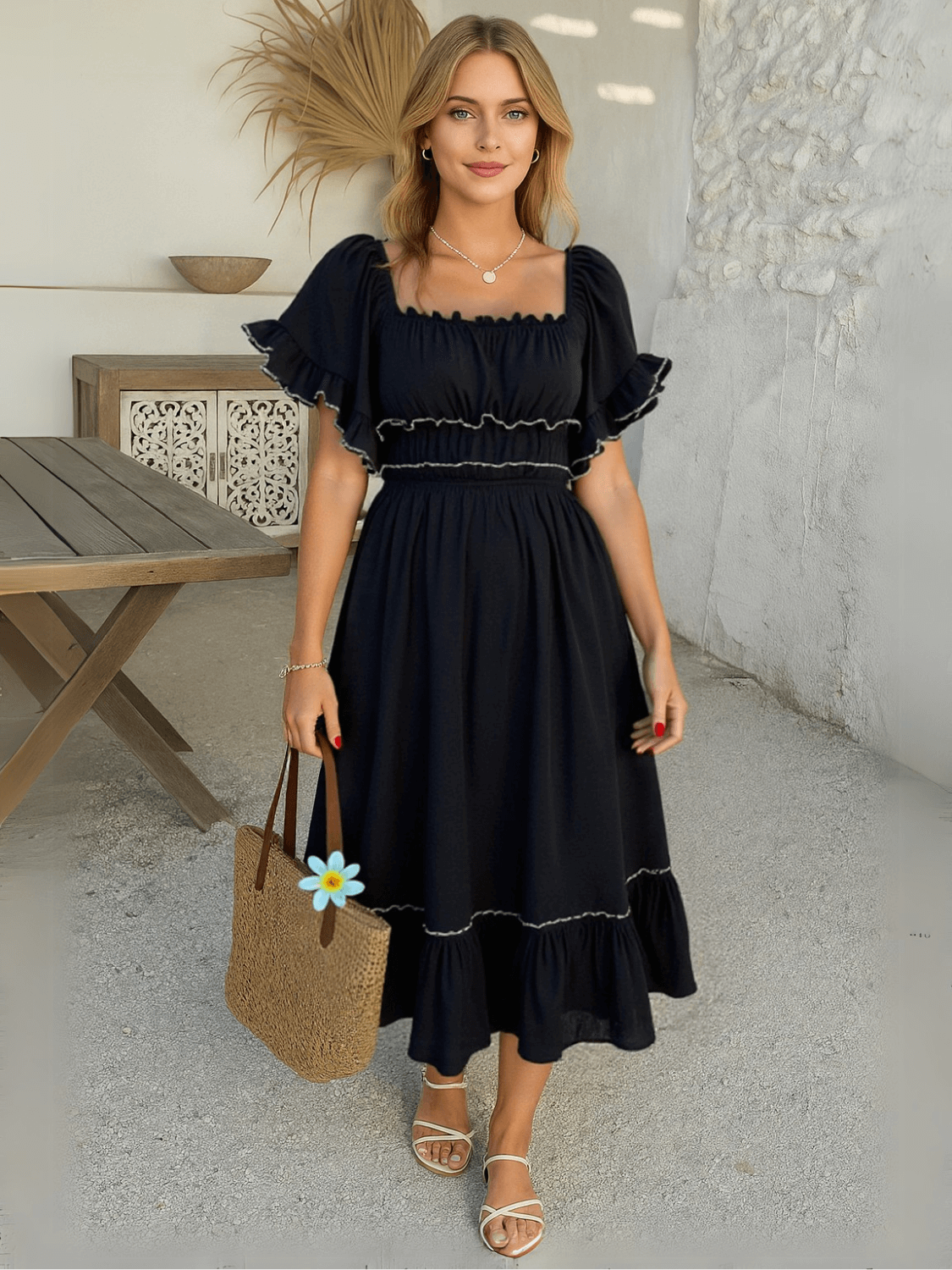 Aubrianna Ruched Contrast Trim Maxi Dress - Black