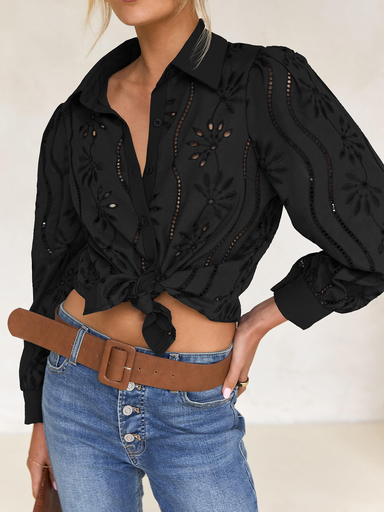 Miley Perforated Long Sleeve Blouse - Black