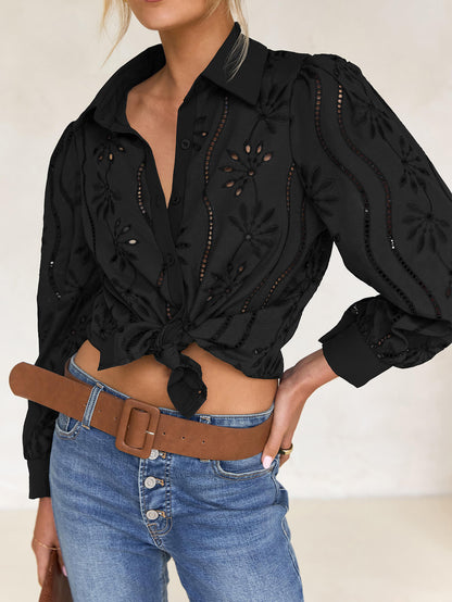 Miley Perforated Long Sleeve Blouse - Black