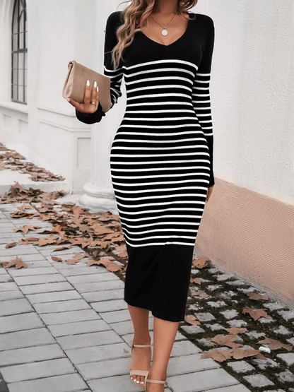 Eloise Striped Bodycon Sweater Midi Dress - Black