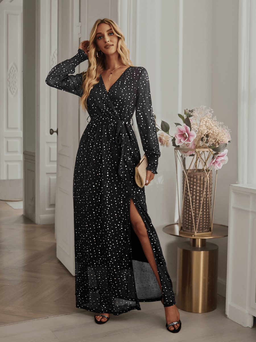 Leandra Front Split Shimmer Maxi Dress - Black