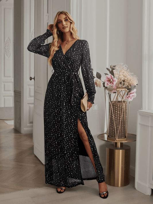 Leandra Front Split Shimmer Maxi Dress - Black