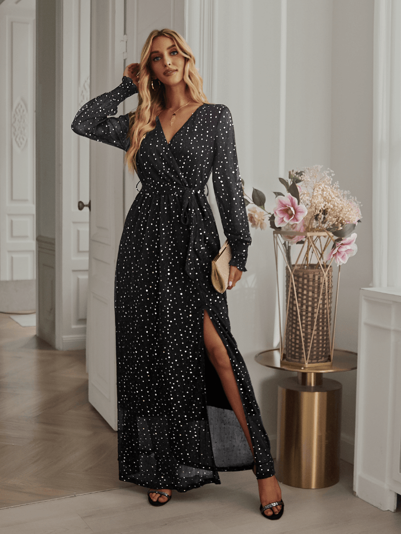 Leandra Front Split Shimmer Maxi Dress - Black