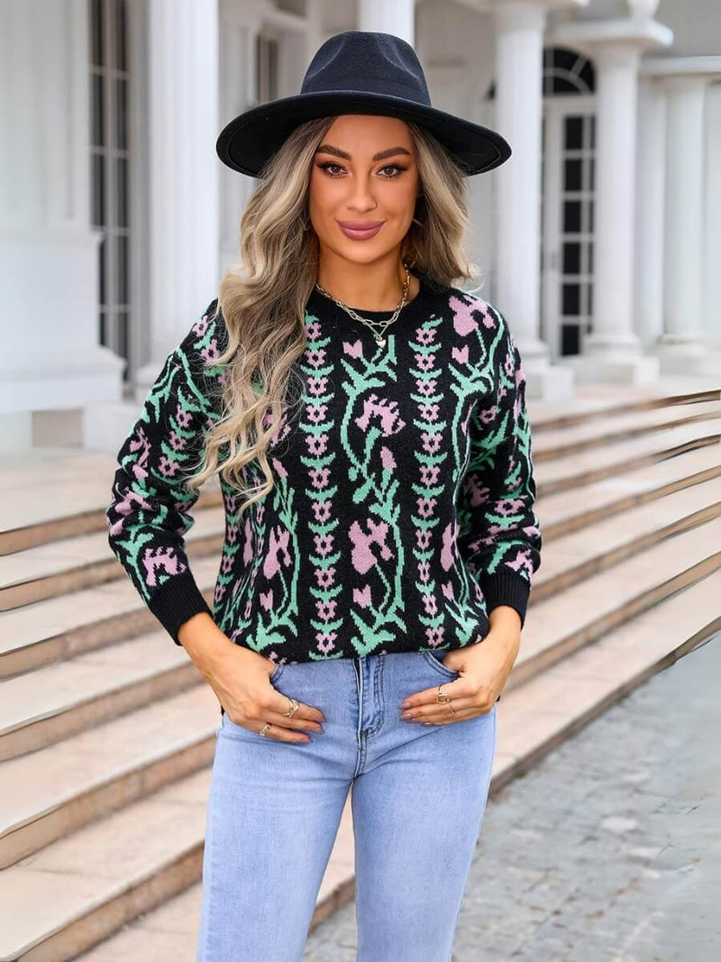 Adalia Pattern Knit Sweater - Black