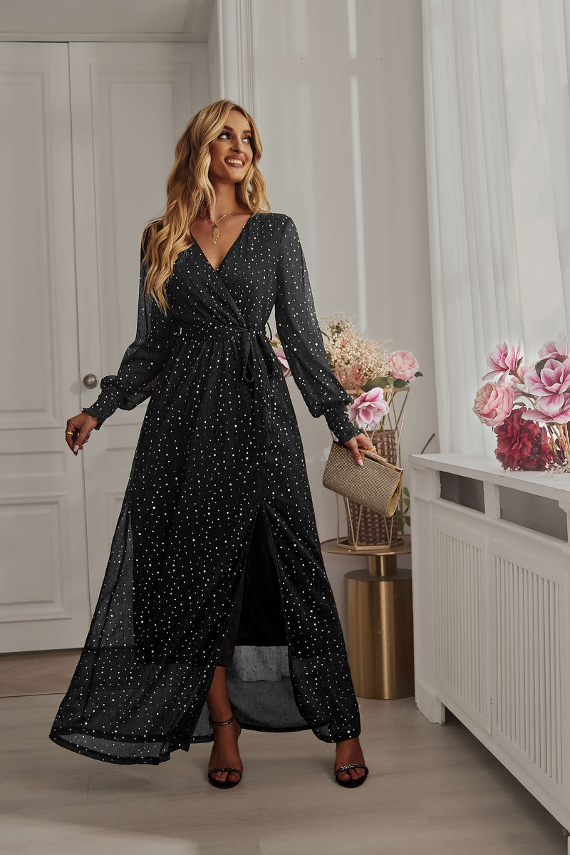 Leandra Front Split Shimmer Maxi Dress - Black