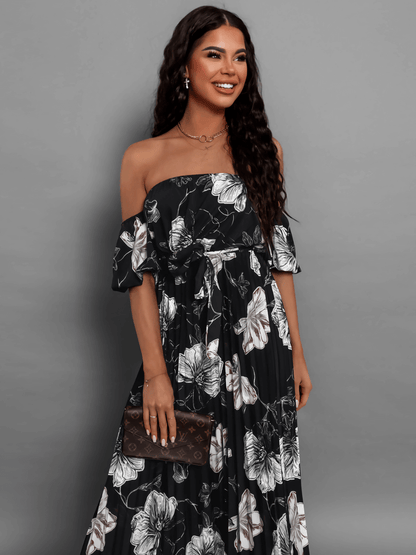Rosalie Off the Shoulder Plisse Maxi Dress - Black