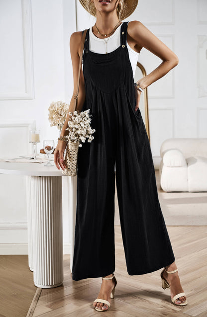 Linette Wide Leg Linen Overalls - Black