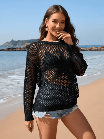 Vacation Star Cover-up Crochet Knit Sweater - Black