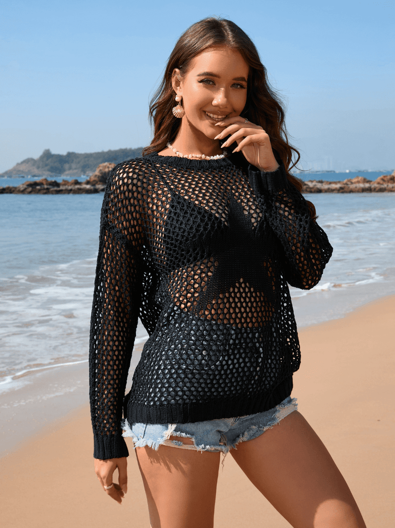 Vacation Star Cover-up Crochet Knit Sweater - Black