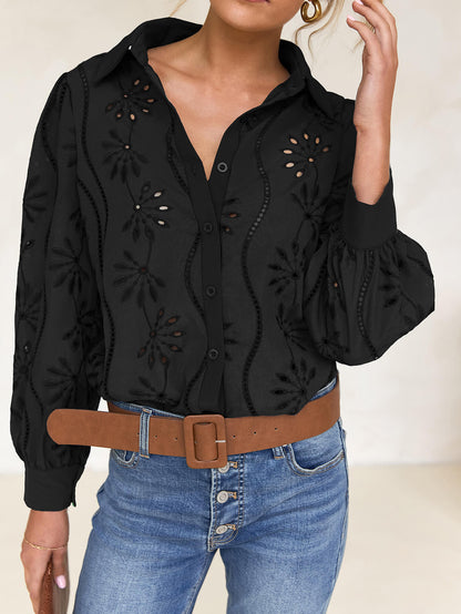 Miley Perforated Long Sleeve Blouse - Black