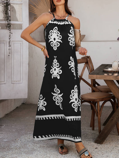 Indy Abstract Halter Neckline Maxi Dress - Black