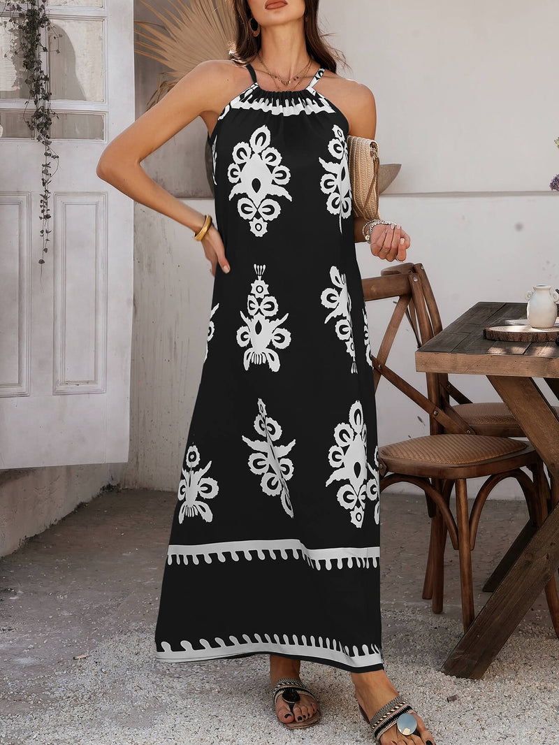 Indy Abstract Halter Neckline Maxi Dress - Black