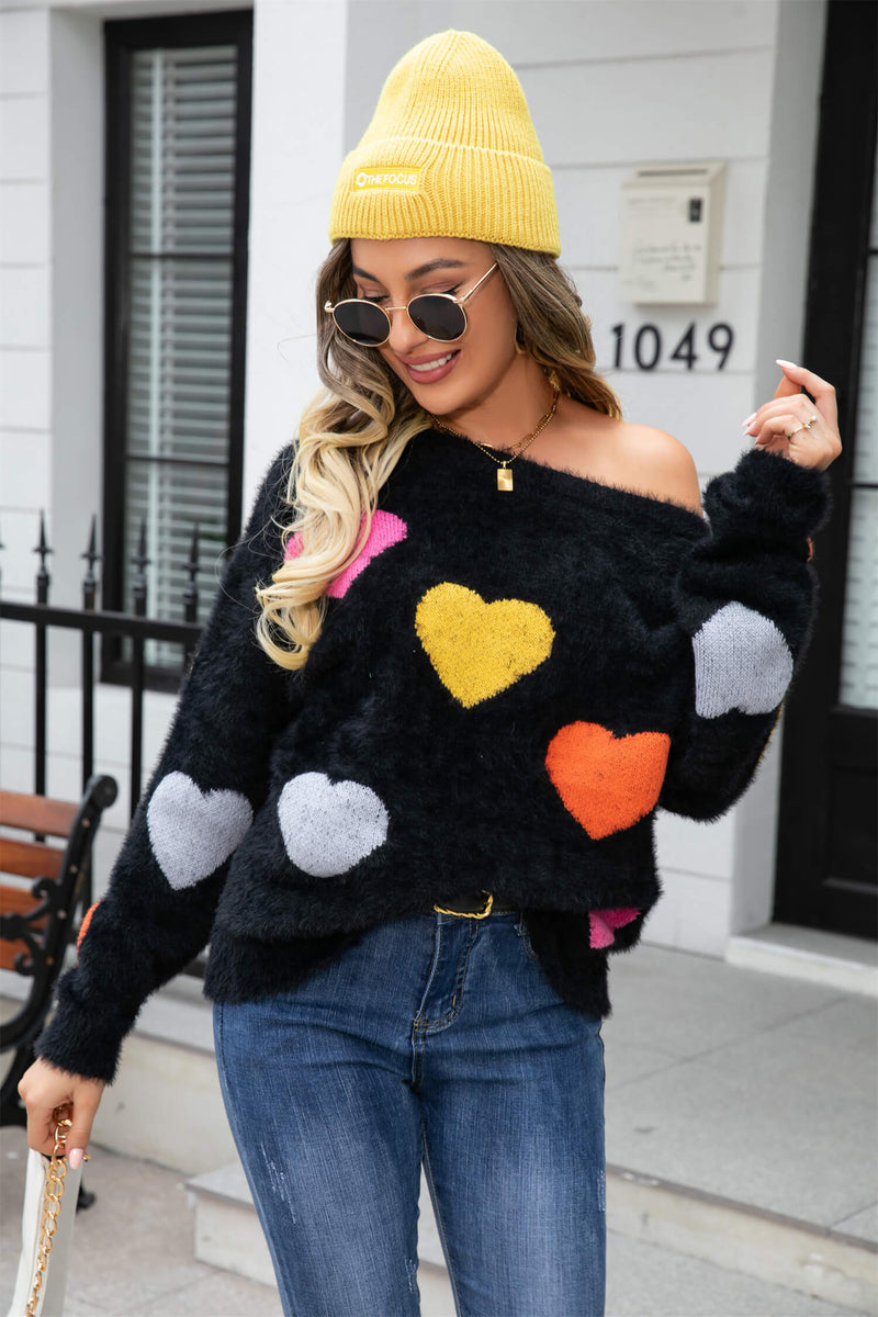 Hearty Valentine Knit Sweater - Black
