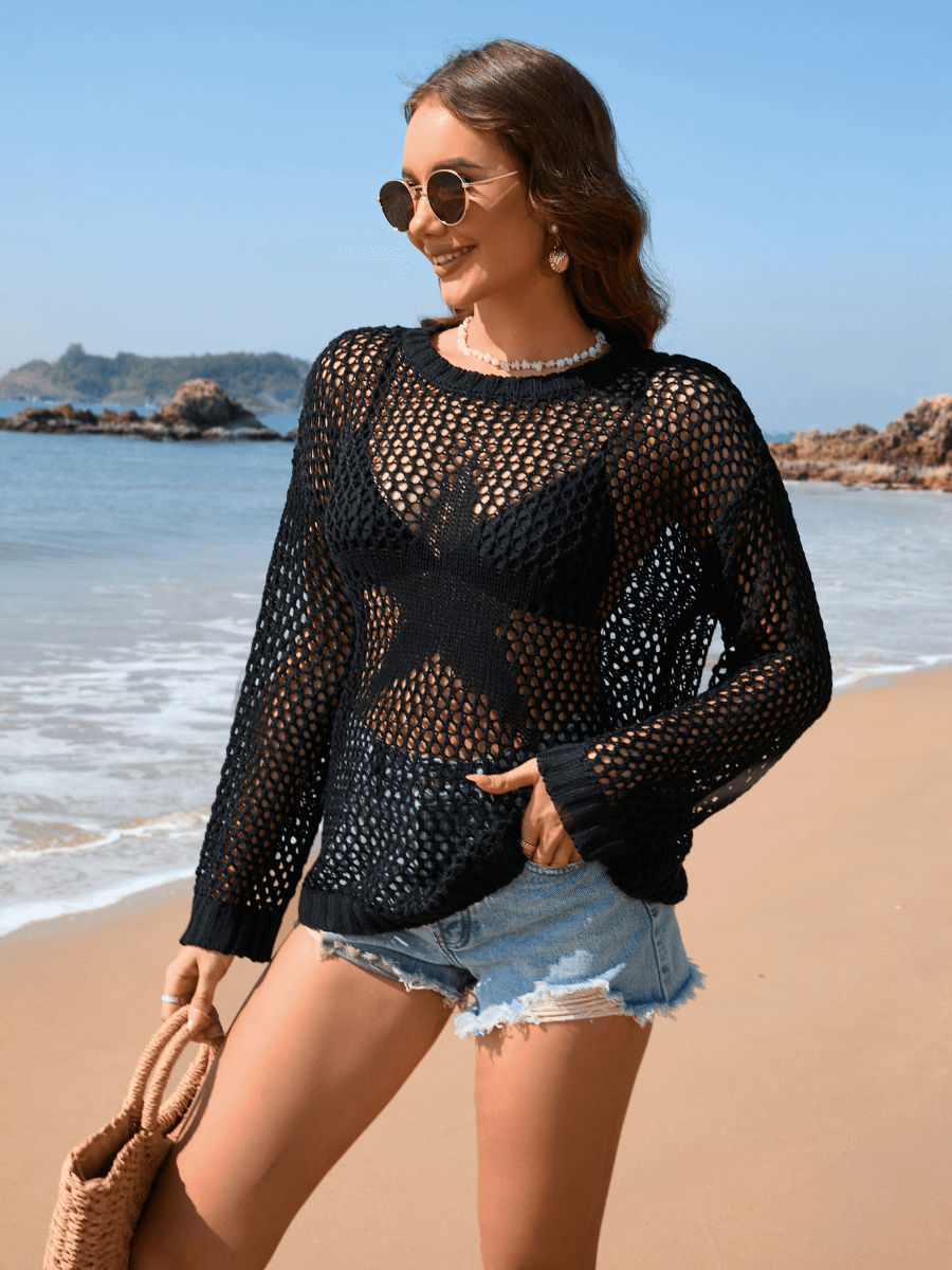Vacation Star Cover-up Crochet Knit Sweater - Black