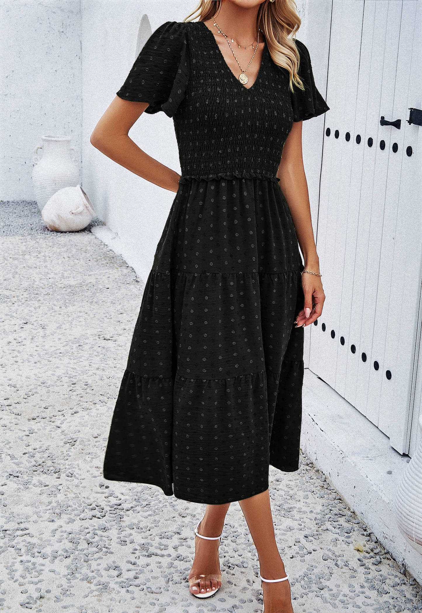 Leonie Spotted Tiered Midi Dress - Black