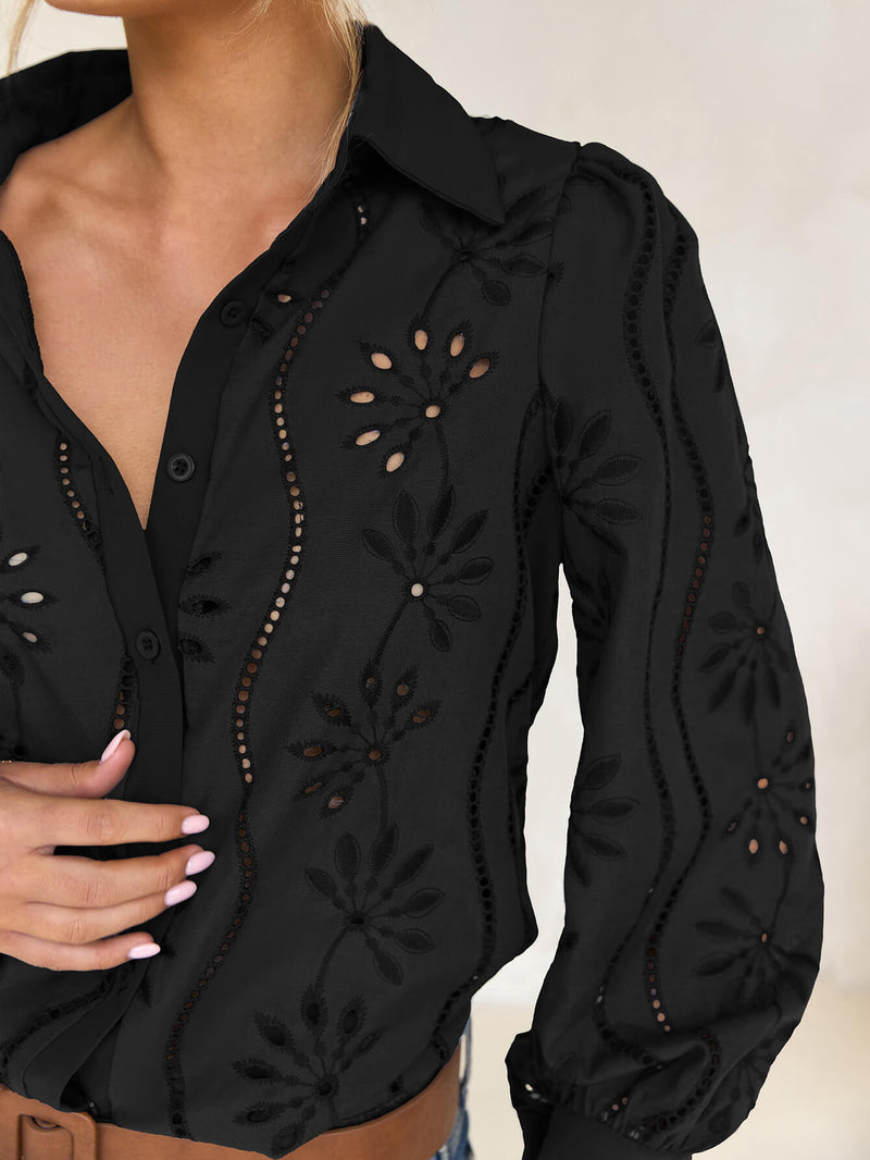 Miley Perforated Long Sleeve Blouse - Black