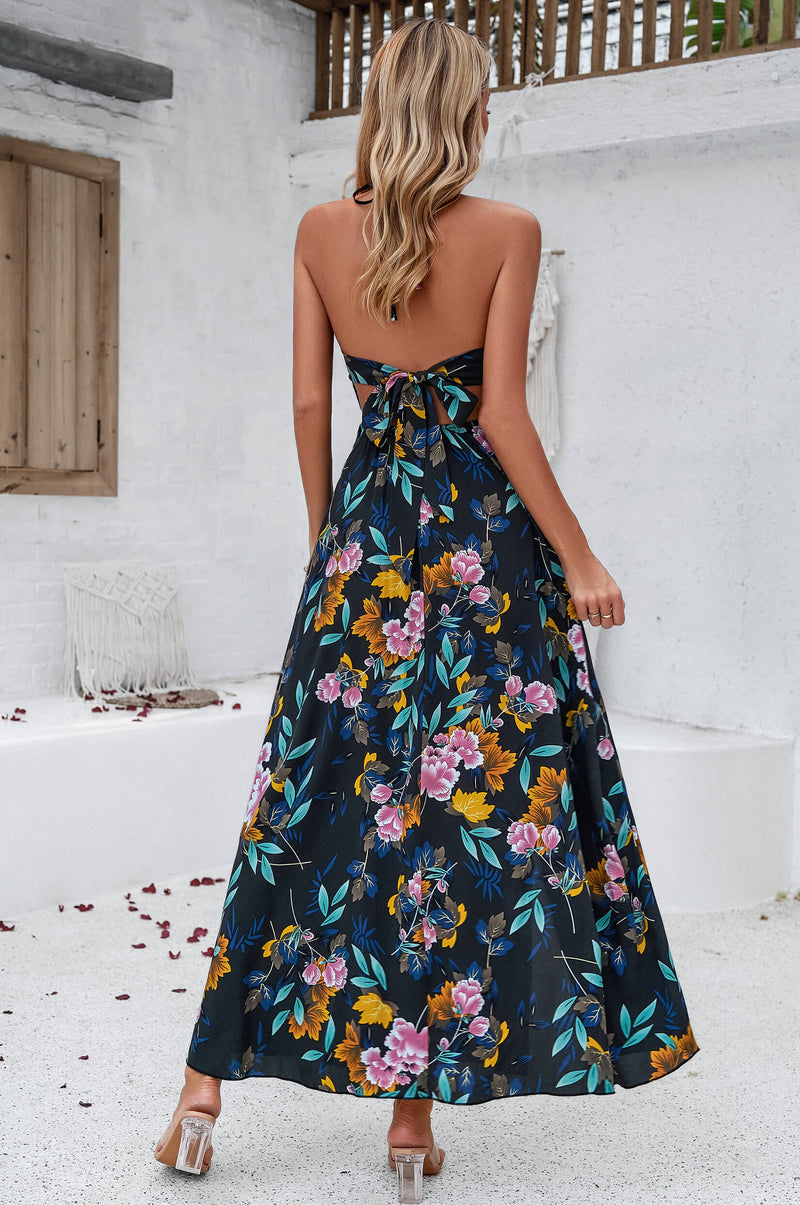 Hawaii Print Tie Back Halter Maxi Dress - Black