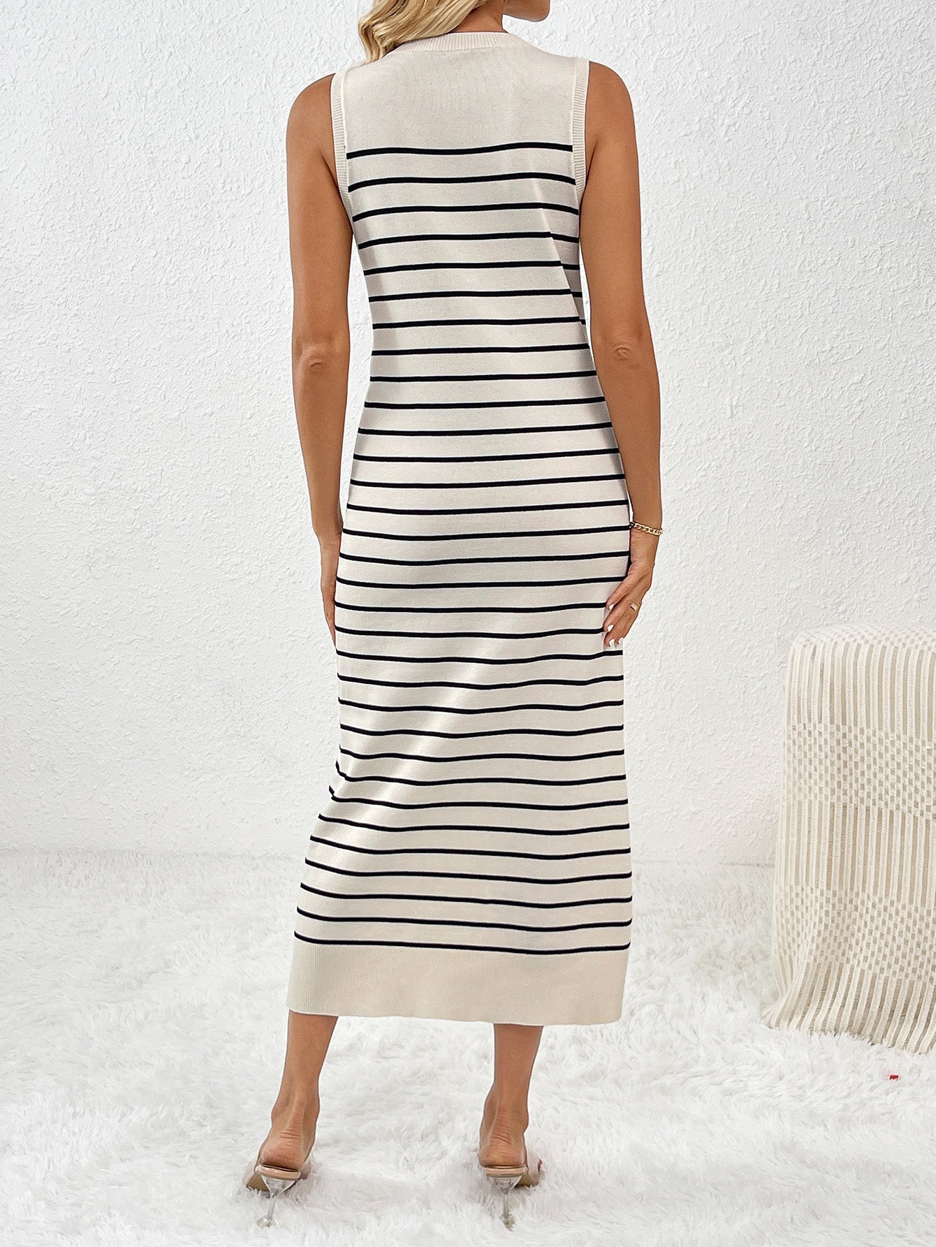 Dancing on Air Striped Knit Midi Dress - Black