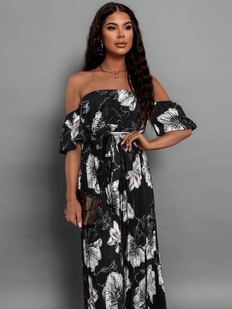 Rosalie Off the Shoulder Plisse Maxi Dress - Black