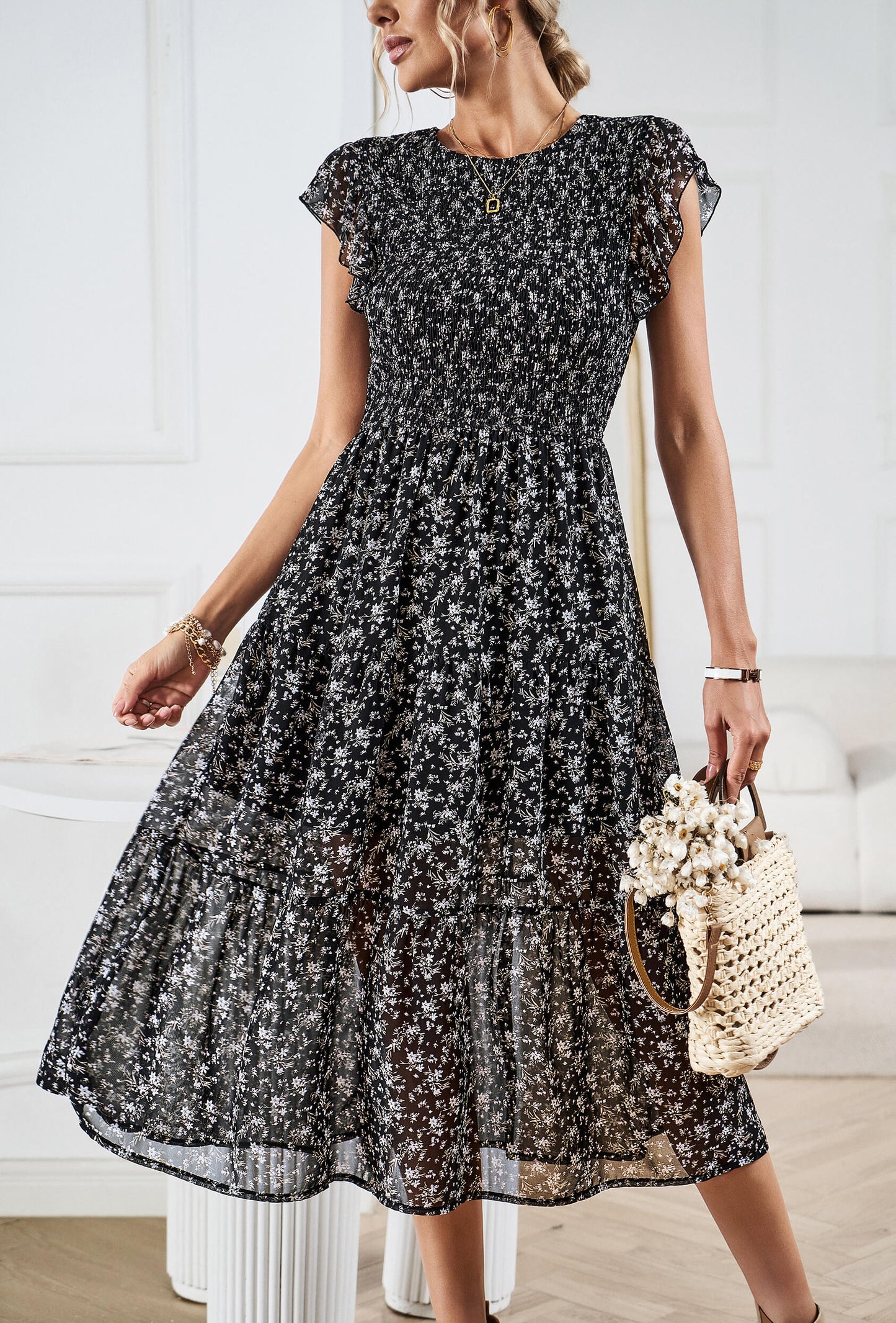 Always Falling Tiered Midi Dress - Black