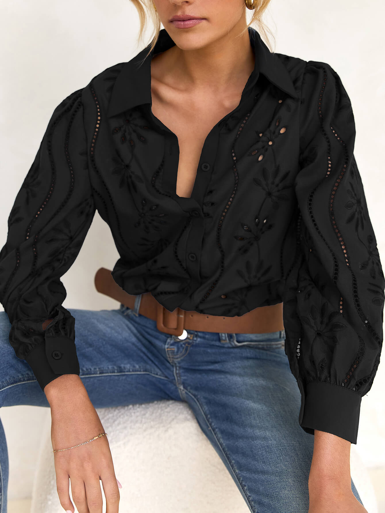 Miley Perforated Long Sleeve Blouse - Black