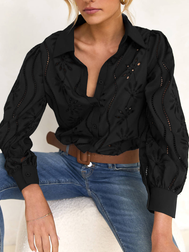 Miley Perforated Long Sleeve Blouse - Black