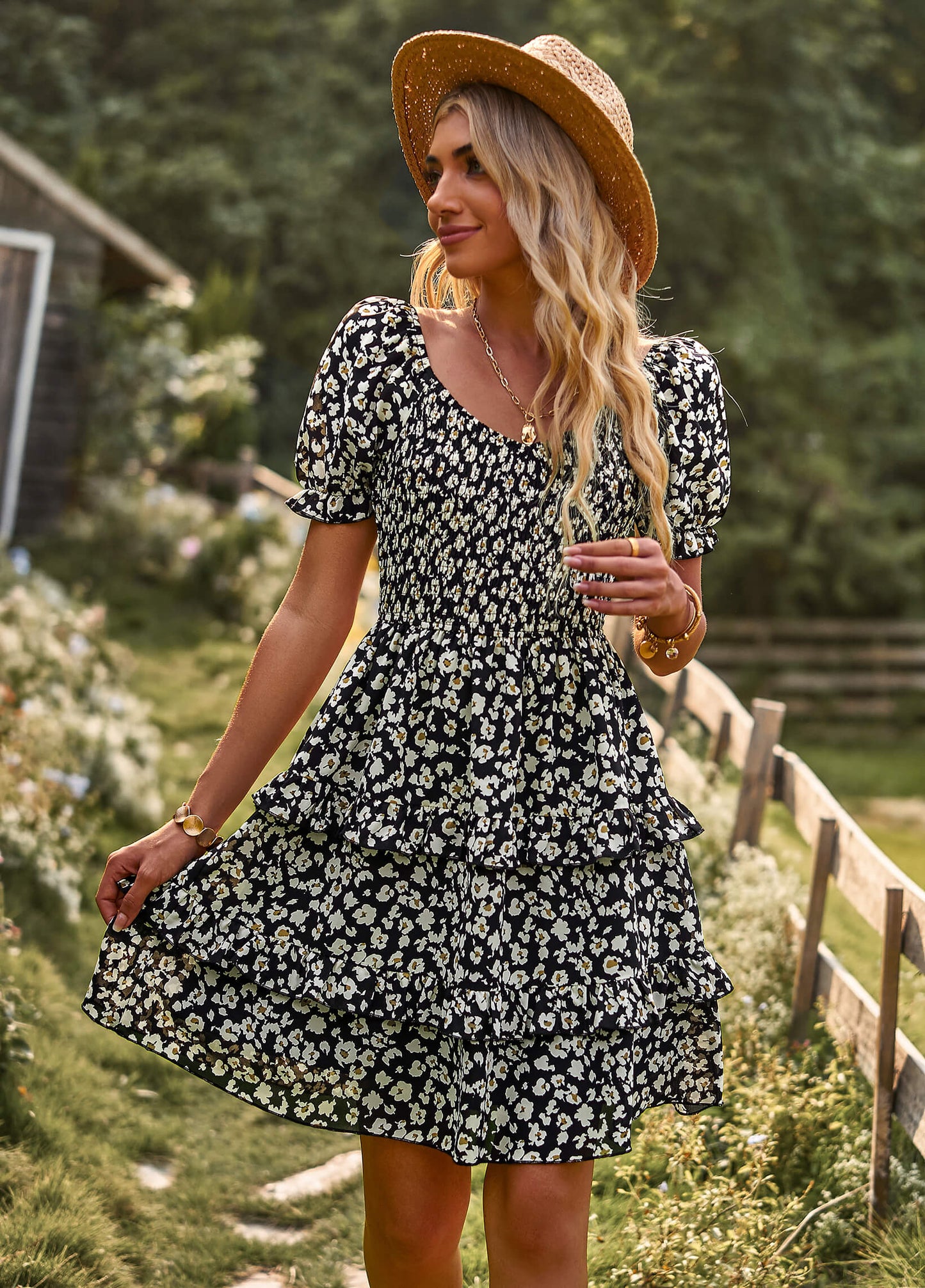 Moment in Daisy Smocked Mini Dress - Black