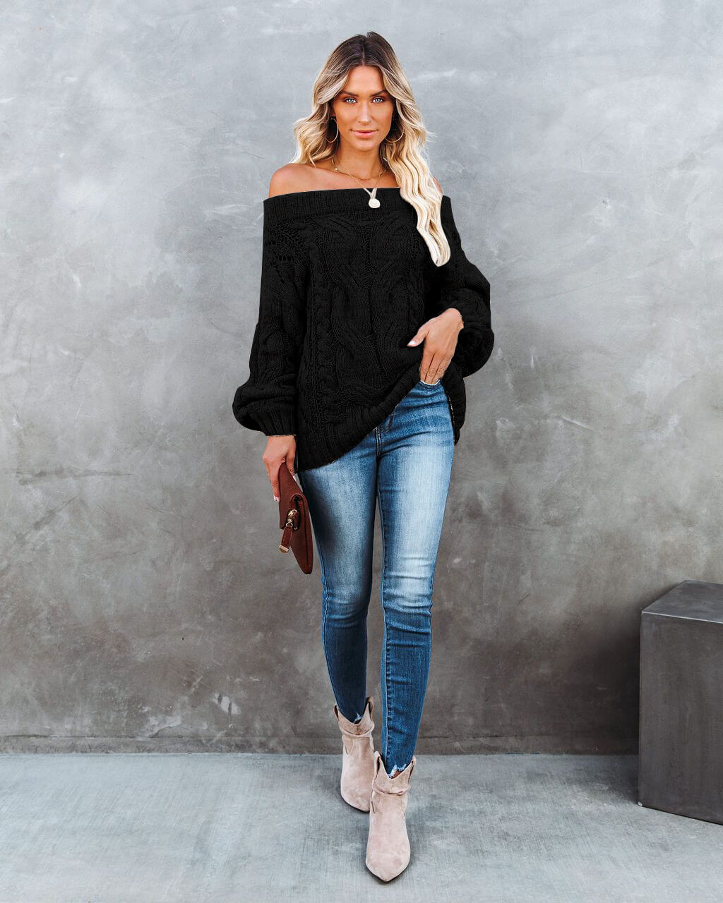 Dreamworld Off the Shoulder Pullover Sweater - Black
